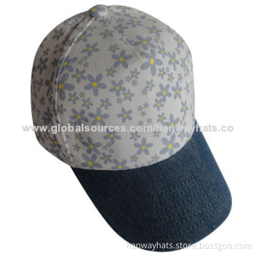 Floral printed cotton twill denim brim cap